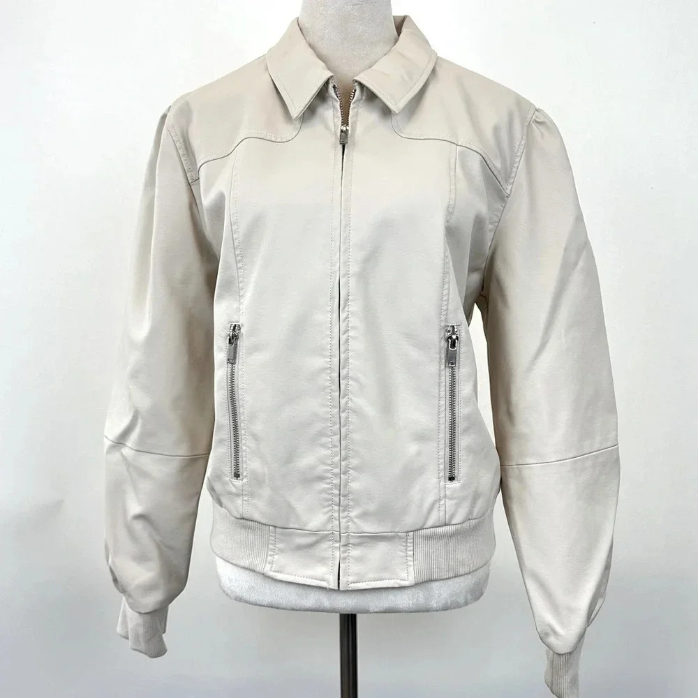 Nine West Womens Faux Leather Aviator Jacket Ivory/Bone XL NEW-no tag